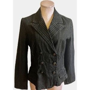 Ralph Lauren Womens Double Breasted Black White Pin Striped Denim Jacket Medium